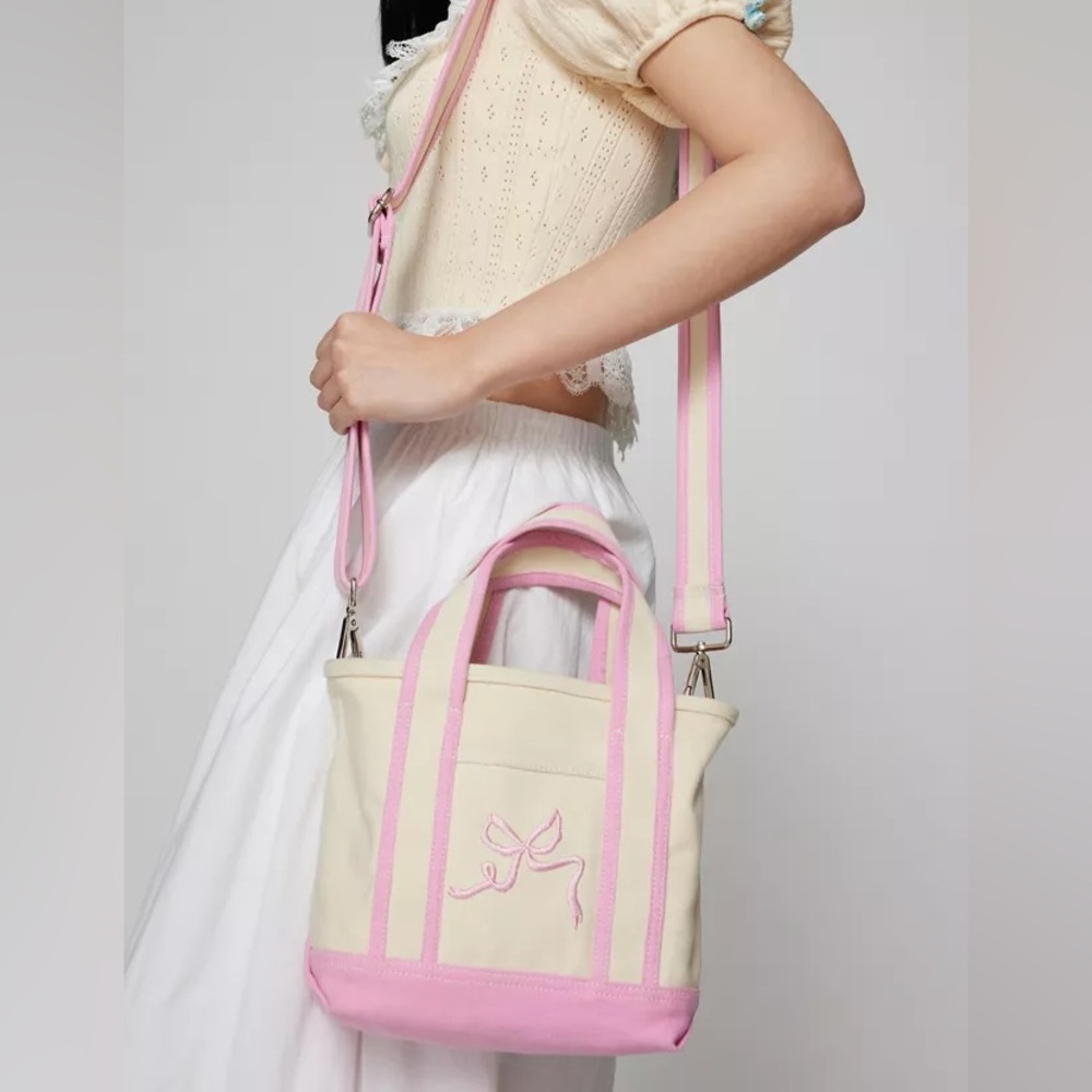 Kimchi Blue Embroidered Mini Canvas Tote Bag in Pink Bow Strap New